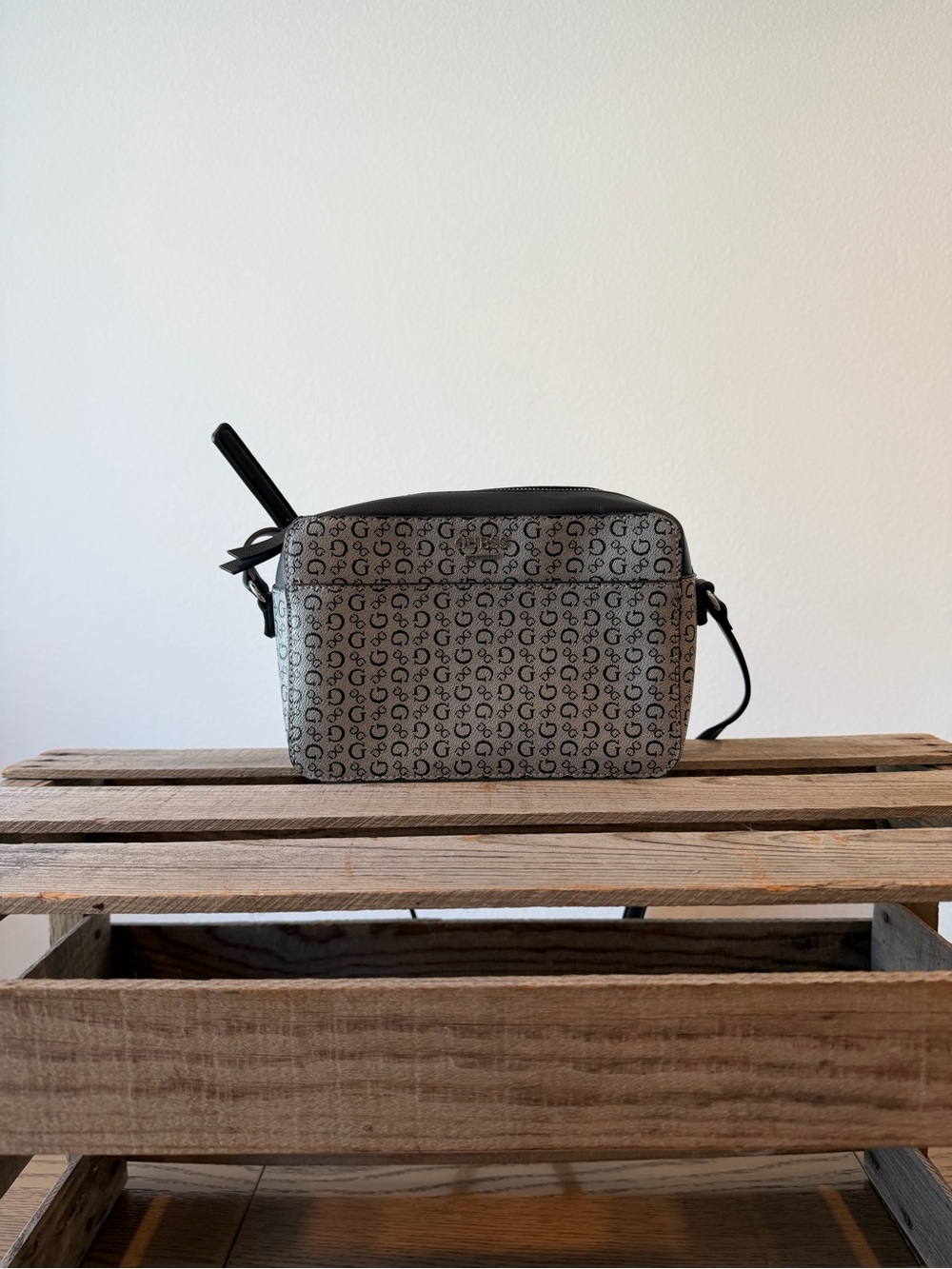 GUESS Logo Print Camera Crossbody Bag Black & Gray Monogram